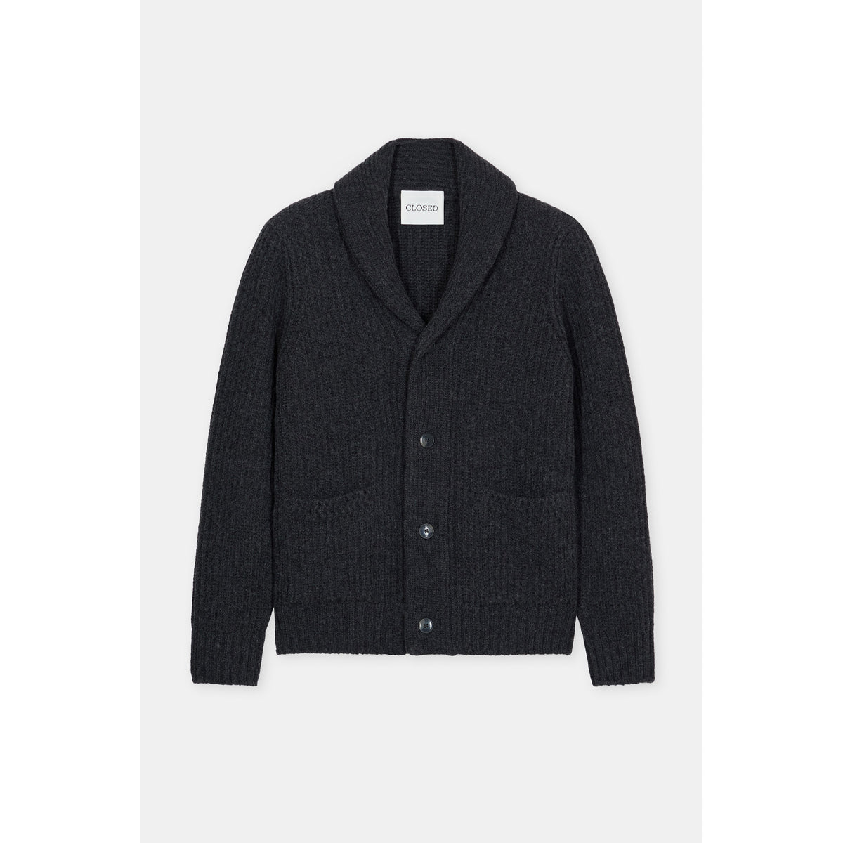 Men's black melange shawl collar wool cardigan by Closed Men's, featuring a cozy knit fabric and classic design.