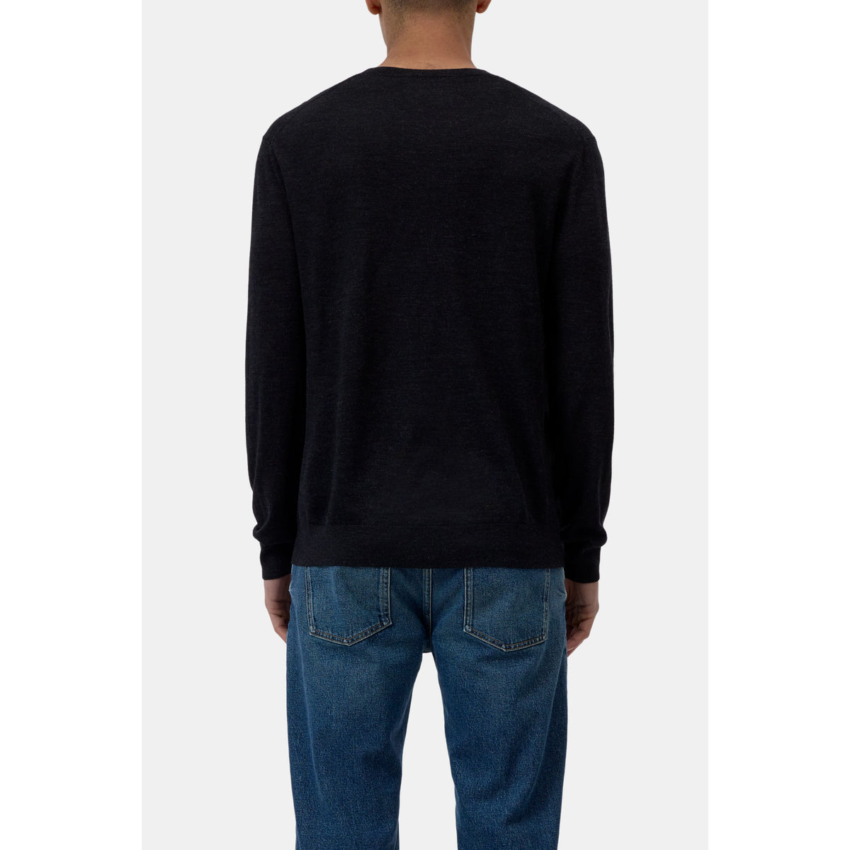 Men's black melange fine-knit crewneck jumper by Closed Men's, close-up view of the textured knit fabric and classic fit.
