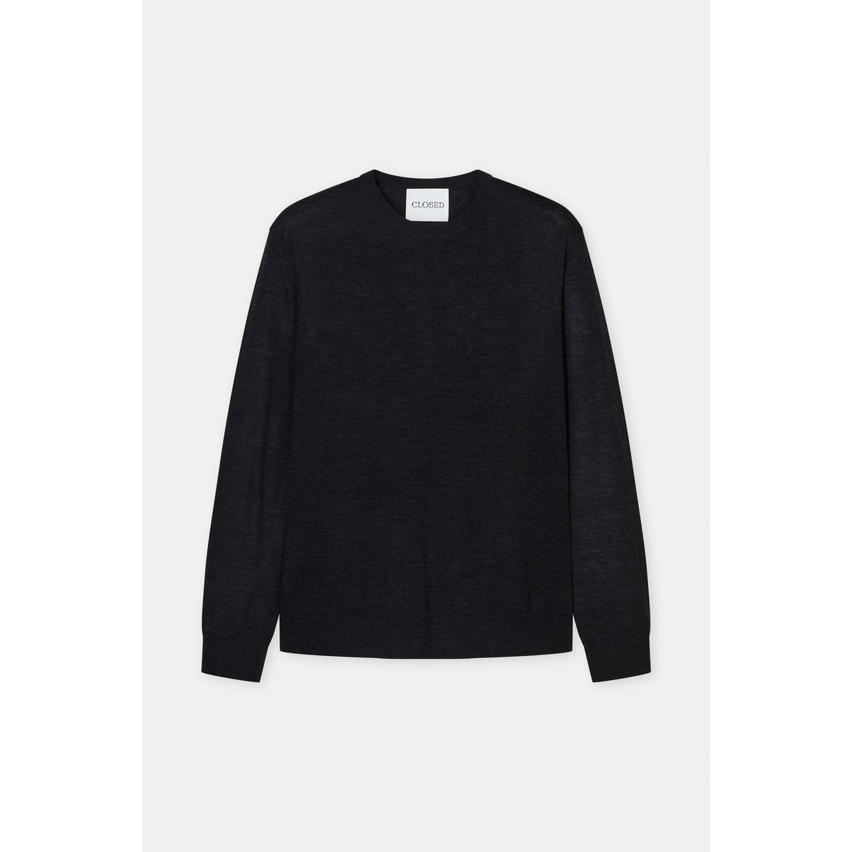 Men's black melange fine-knit crewneck jumper by Closed Men's, showcasing a close-up of the textured knit fabric and classic fit.