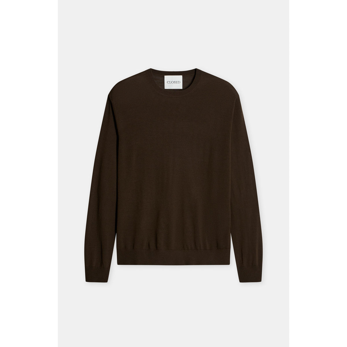 Men's closed fine-knit crewneck jumper in espresso brown, showing a close-up of the textured knit fabric and classic fit.