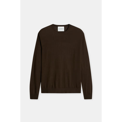 Men's closed fine-knit crewneck jumper in espresso brown, showing a close-up of the textured knit fabric and classic fit.