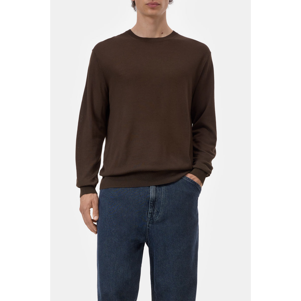 Close-up of men's espresso brown fine-knit crewneck jumper by Closed Men's, showing the soft textured knit fabric.