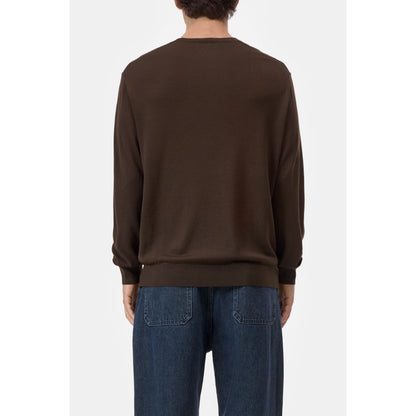 Men's espresso brown fine-knit crewneck jumper from Closed Men's, shown in a close-up image highlighting the textured knit fabric.