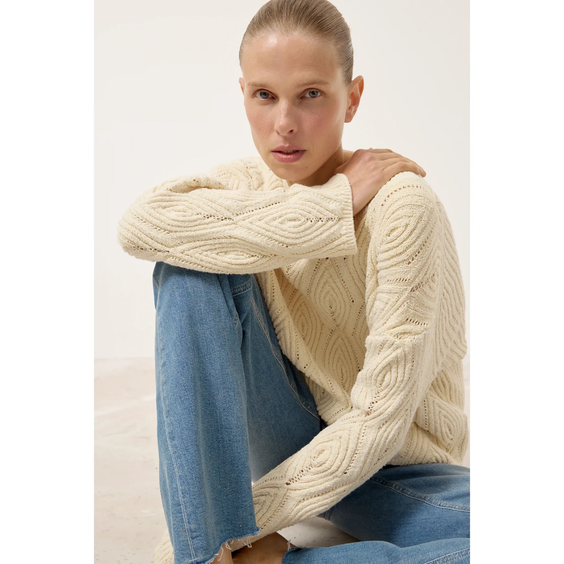 Textured Cotton Crew Sweater - Witherit Beige - DUNE + SALT