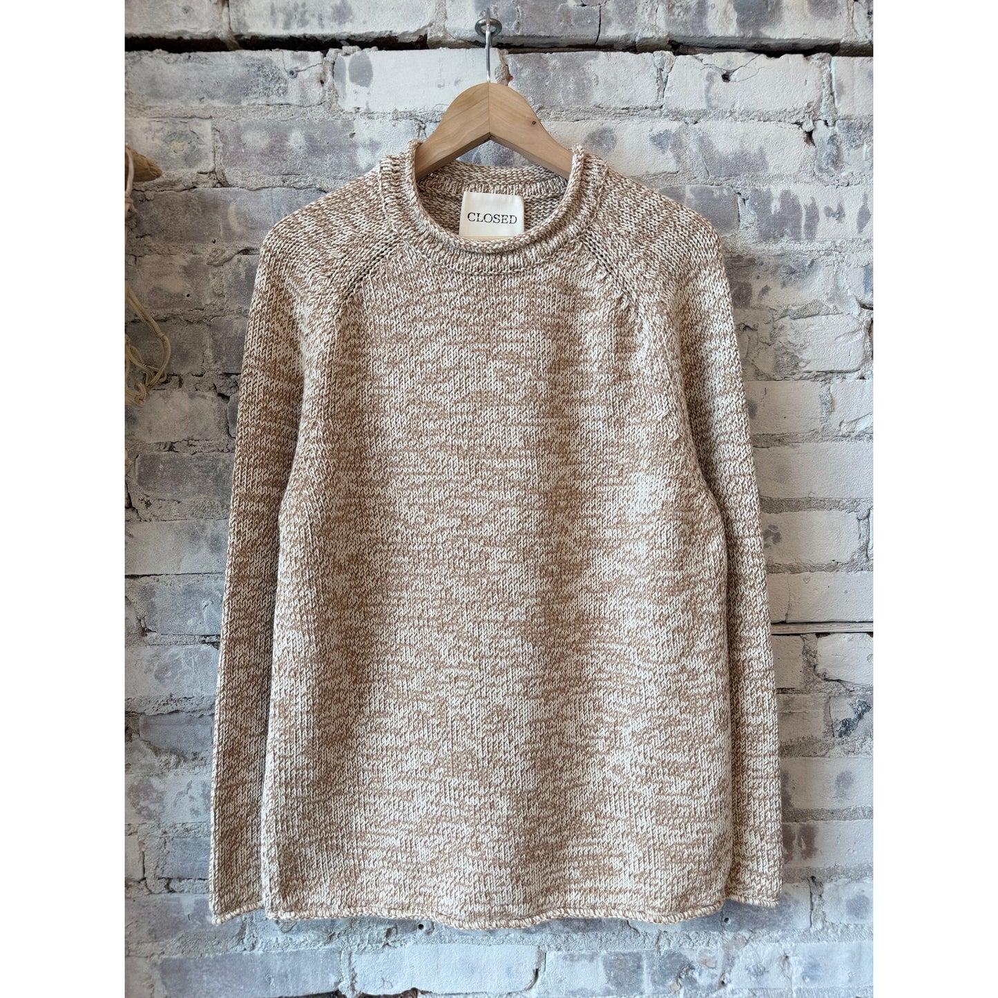 Men's Raw Edged Knit sweater in Rock Beige by Closed Men's, featuring a textured knit design and raw-edged hem.