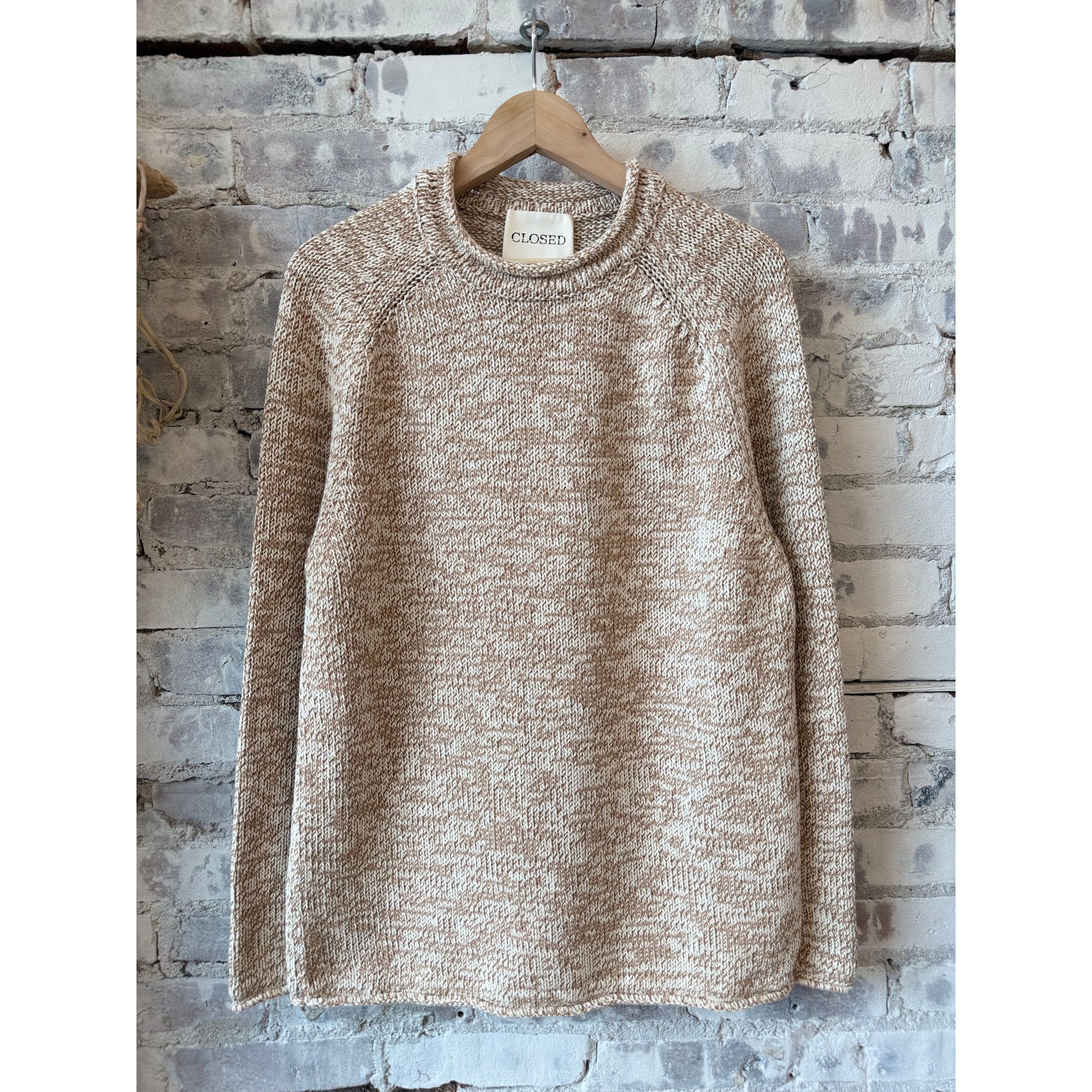 Men's Raw Edged Knit sweater in Rock Beige by Closed Men's, featuring a textured knit design and raw-edged hem.