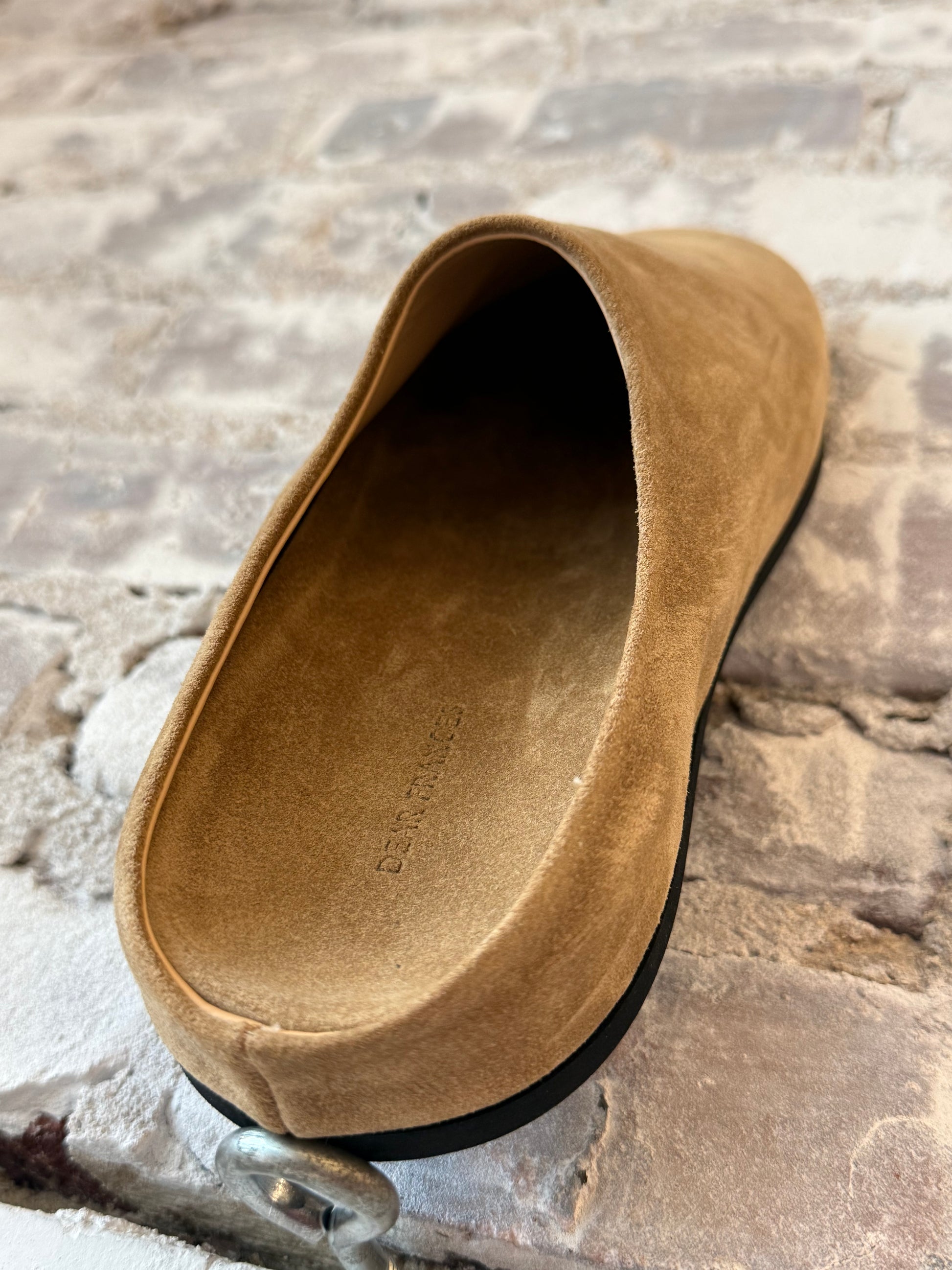 Women's Dear Frances Vico Suede Mule in caramel, featuring a sleek slip-on design and soft suede material.