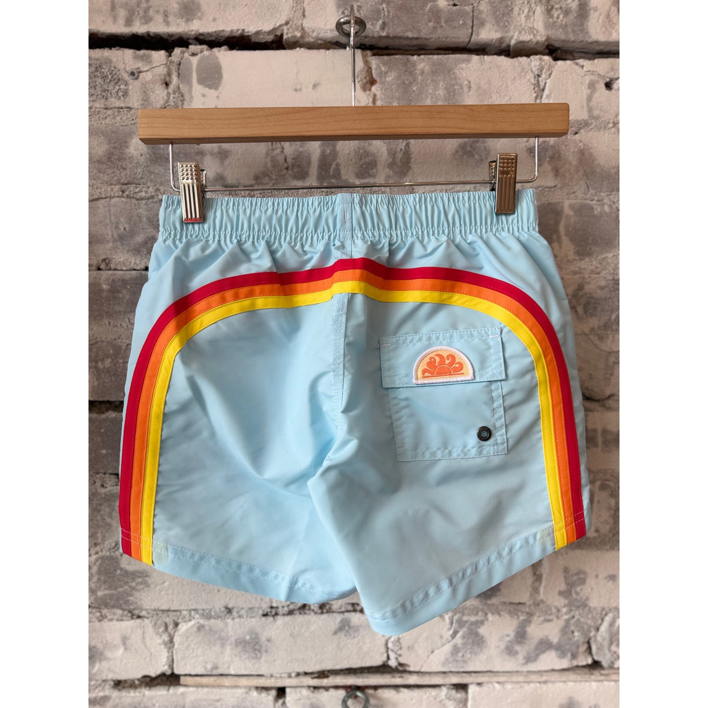 Boy's Sundek Iconic Taffeta Boardshort in Vintage Glacier with vibrant blue and white pattern, casual beachwear for boys
