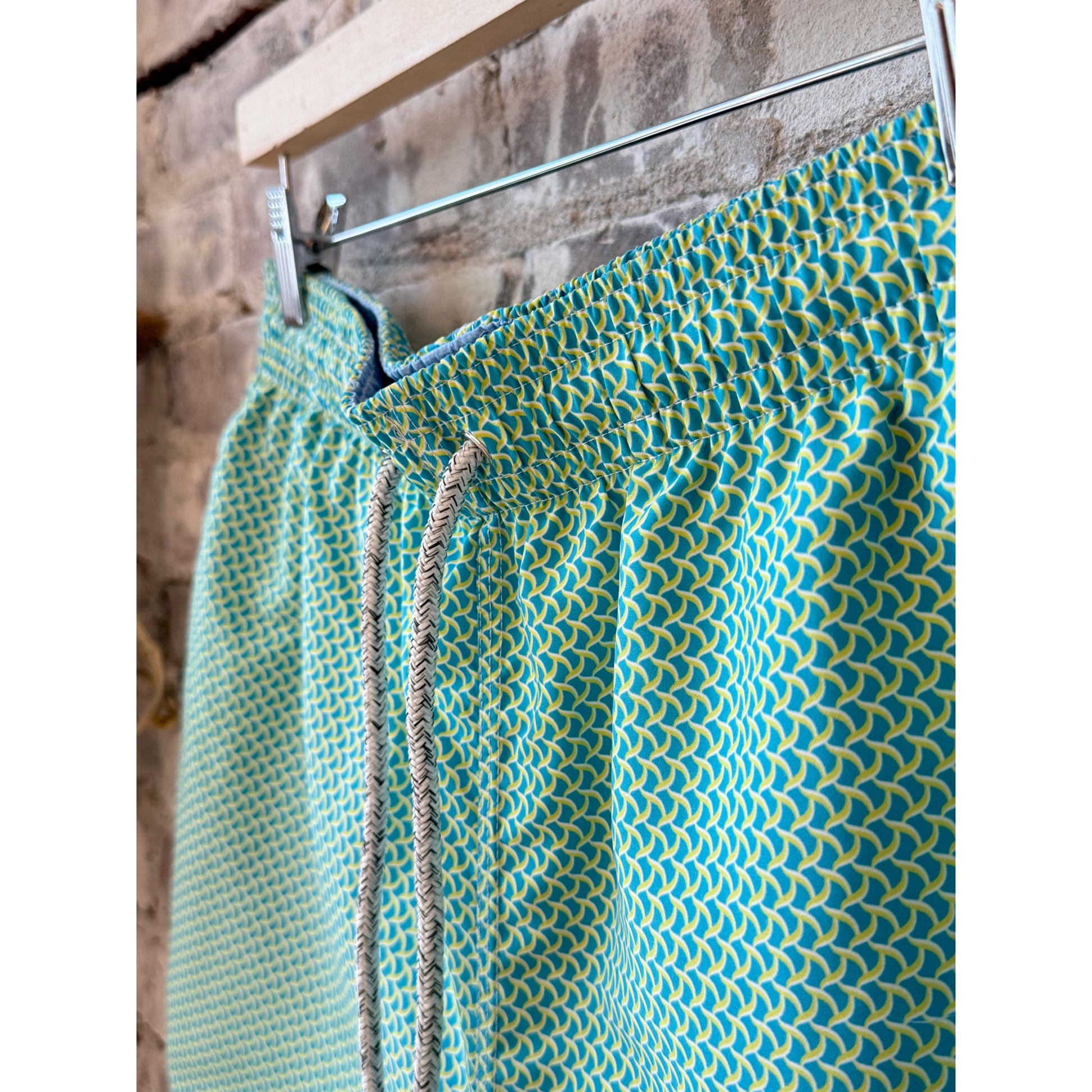 Men's Cyclist Liner Swim Trunks - Wave Print Aqua/Yellow - DUNE + SALT