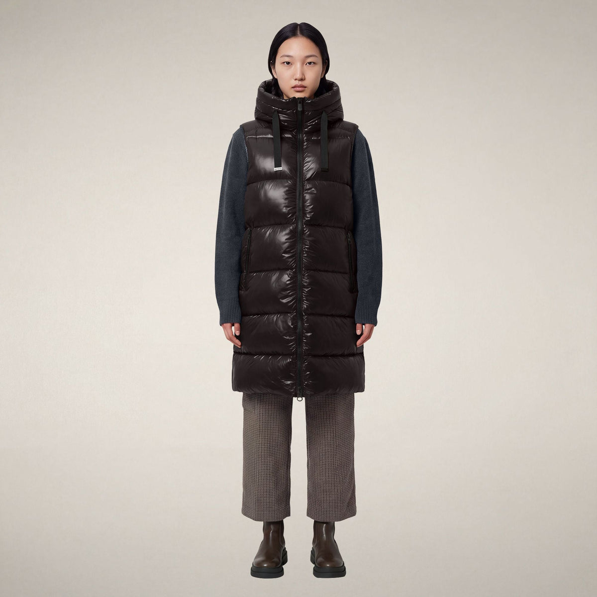Iria Hooded Vest - Brown Black