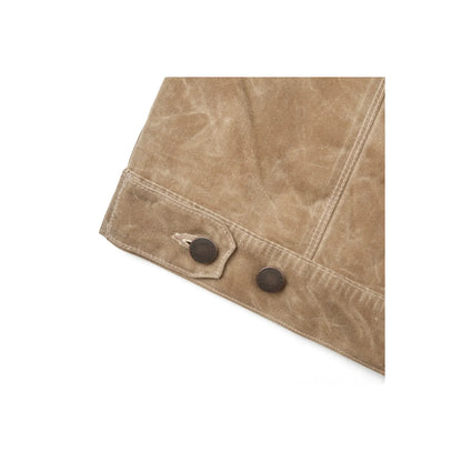 Men's waxed canvas Riders Jacket in tobacco brown by Freenote Cloth, showcasing the stylish, durable outdoor jacket with a rugged finish.