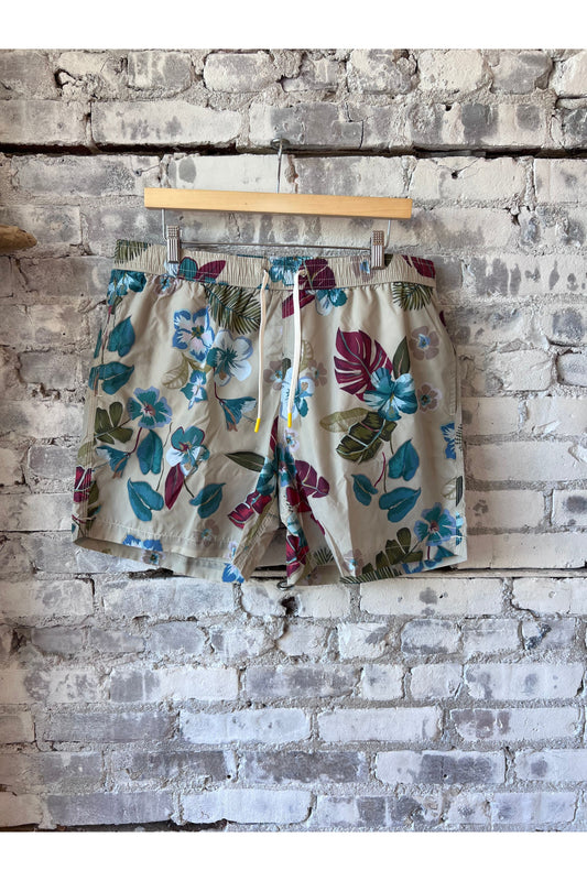 Hibiscus Printed Recycle Nylon Swim Trunks - Sand - DUNE + SALT
