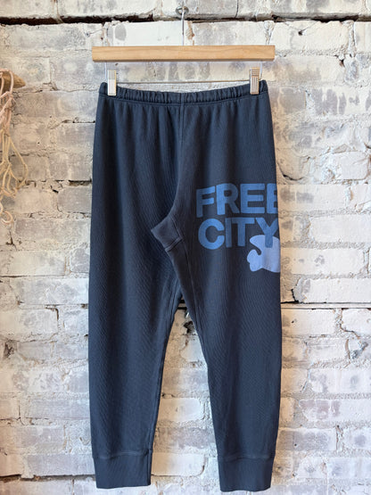 Women's Freecity large 3/4 sweatpants with moonshrooms blue print, featuring a relaxed fit and cozy fabric.