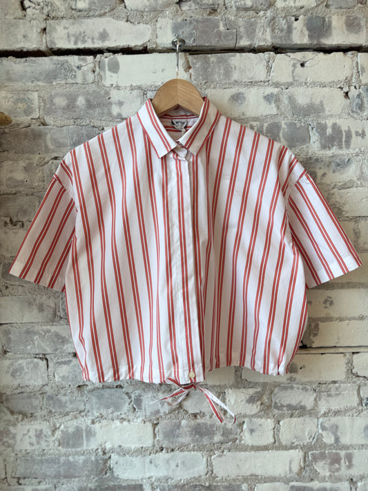 Cropped Cotton Poplin Shirt - Red Stripe - DUNE + SALT