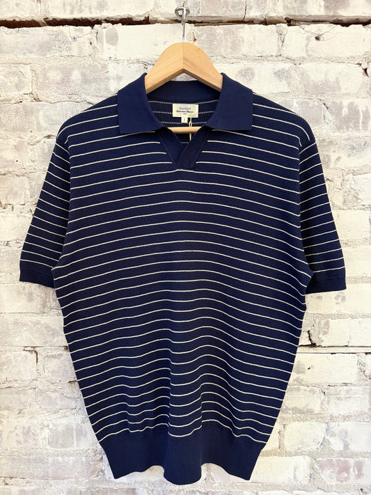 Waffle Stripe Polo Knitted Pullover - Indigo