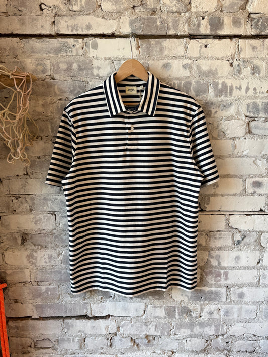 Hartford Men's Polo Stripe SS Knitted Polo - Navy & Eggshell Gray