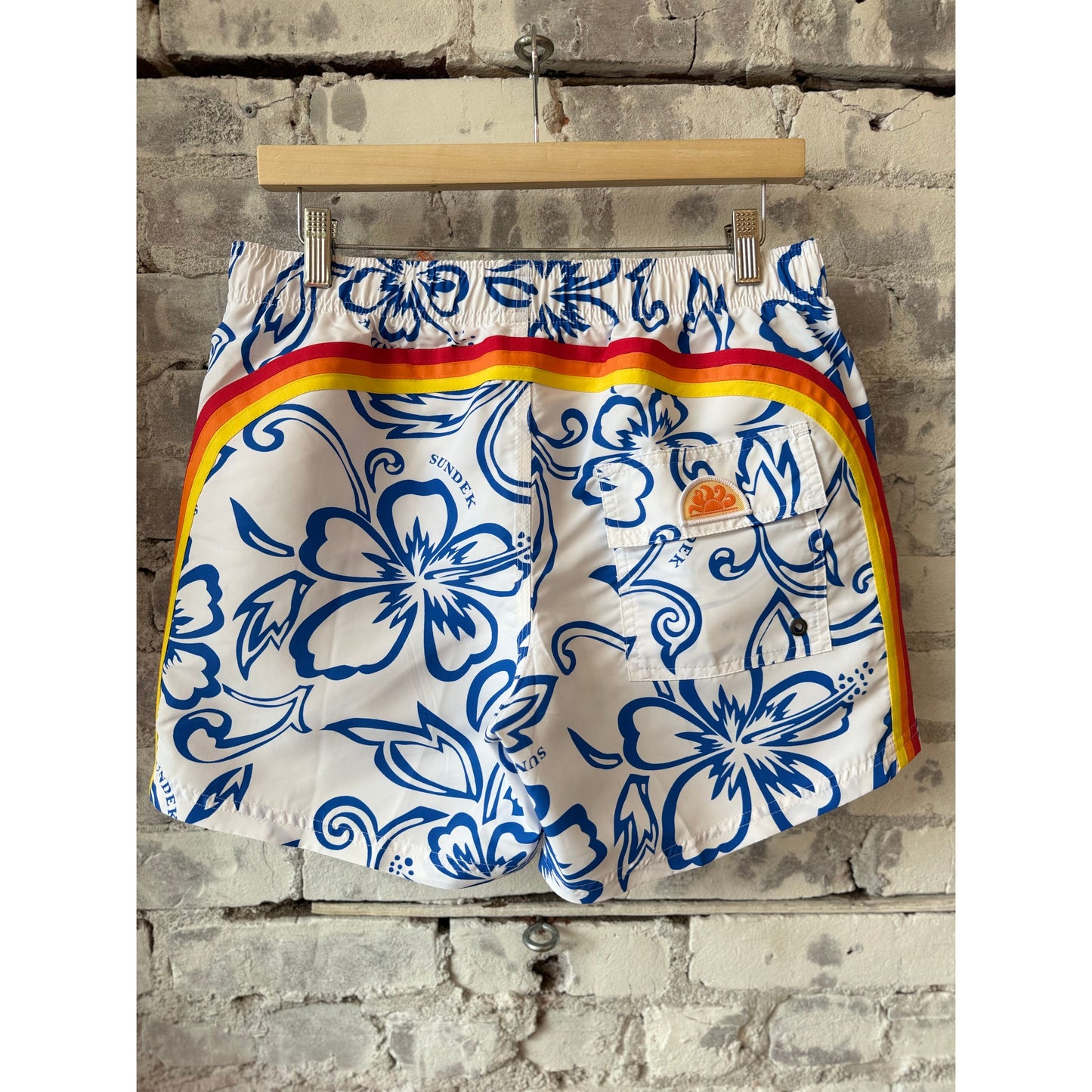 Men's Sundek Archive Hibiscus Print elastic waist boardshort in vintage white featuring colorful floral design and comfortable fit.