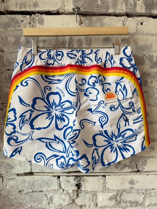 Sundek Archive Hibiscus Print Elastic Waist Boardshort - Vintage White Dim Gray