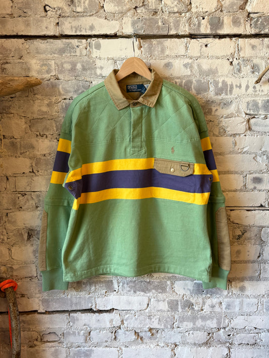 Ralph Lauren Yarn-Dyed Jersey Rugby Polo Pullover w/ Utility Patch (Relaxed) - Outback Green Multi Gray