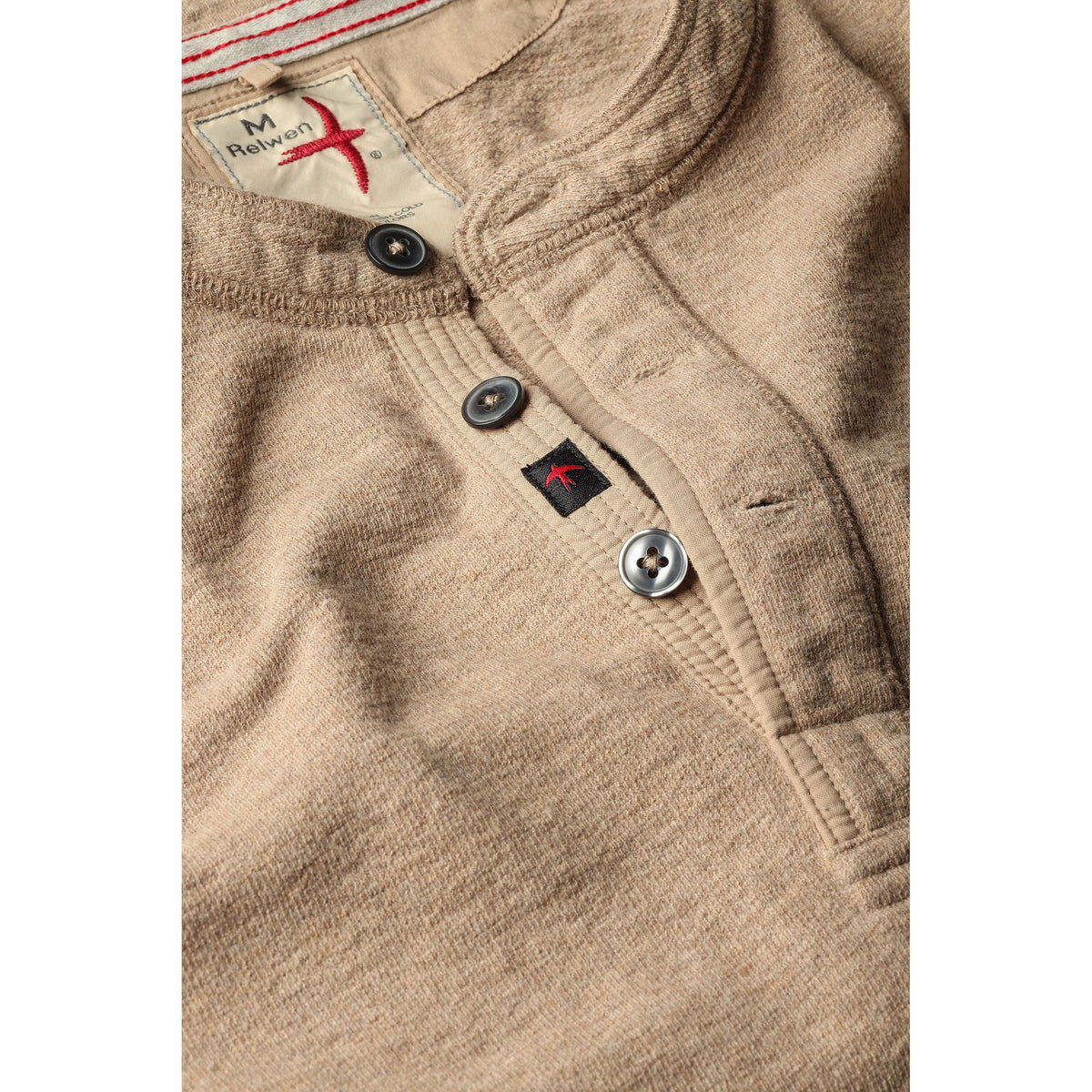 Relwen Slub Jersey Henley - Light Camel Heather Rosy Brown