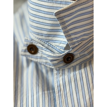 Men's blue Stripe Shirtalls by H-Unit, featuring a casual, striped denim design with front chest pockets and adjustable straps.