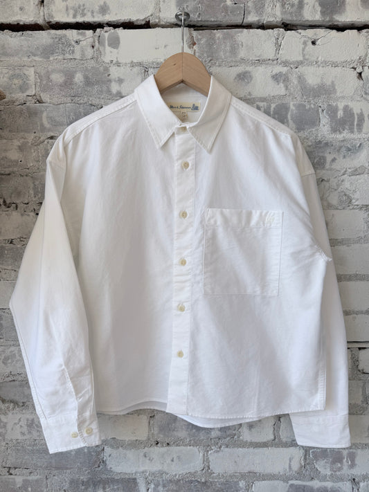 Cropped Boxy Style Cotton Oxford Long Sleeve Shirt - White - DUNE + SALT