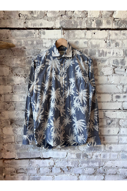Paul Palm Tree Print Cotton Shirt - Navy - DUNE + SALT