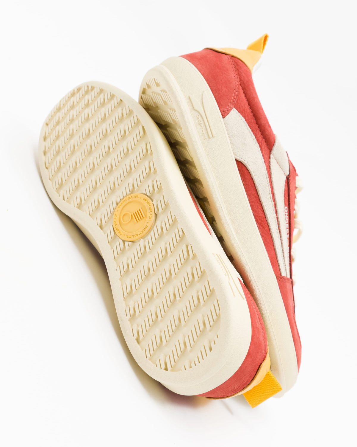Women's Fez Sneaker by Oncept with retro red outsole, showcasing stylish red and white design and textured rubber sole.