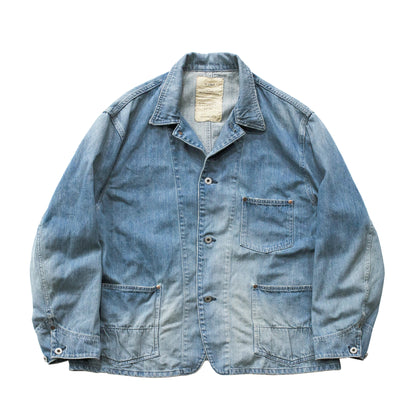 Men's 9oz Light Indigo Denim Coveralls by H-Unit, used wash showing front view with pockets and adjustable straps.