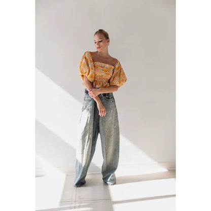 Off Shoulder Ruched Top - Peach Tulips - DUNE + SALT