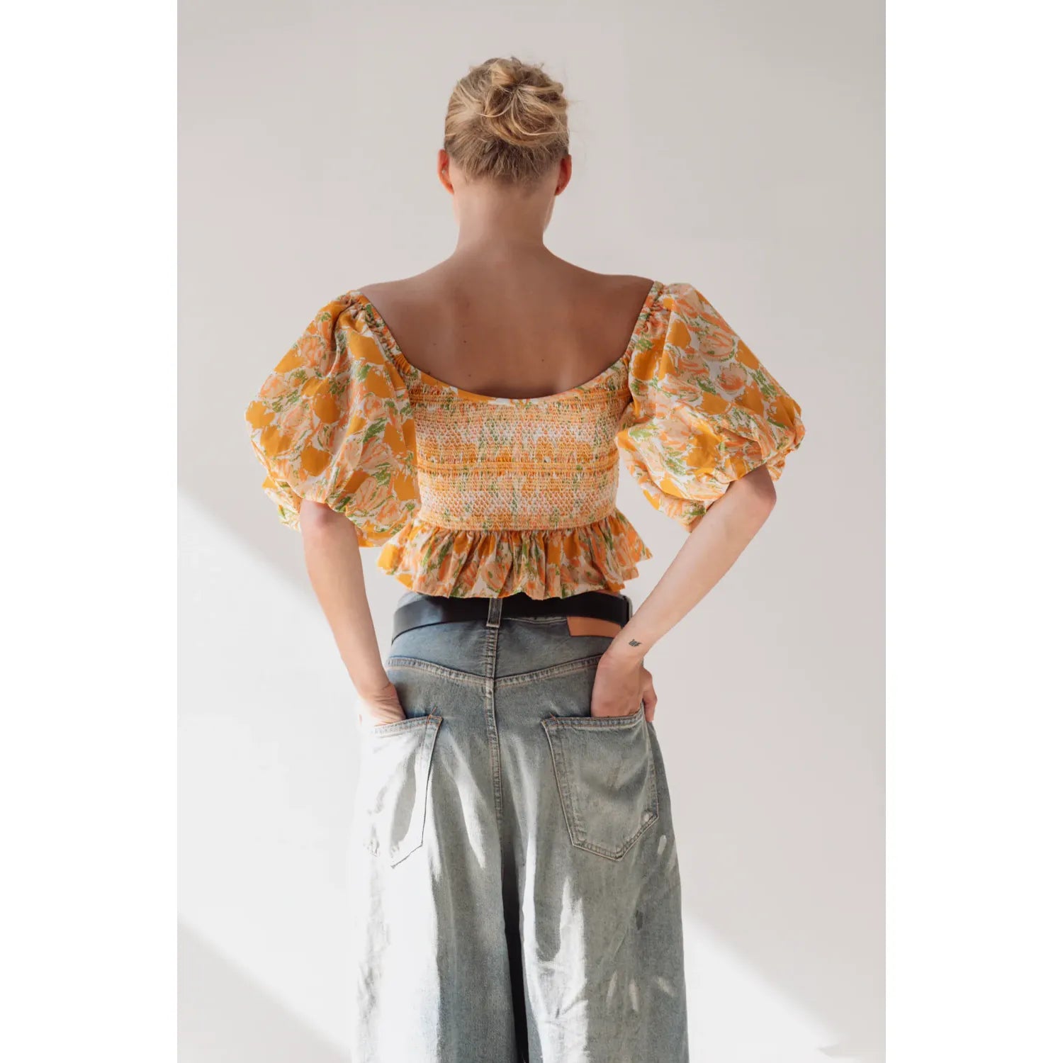 Off Shoulder Ruched Top - Peach Tulips - DUNE + SALT