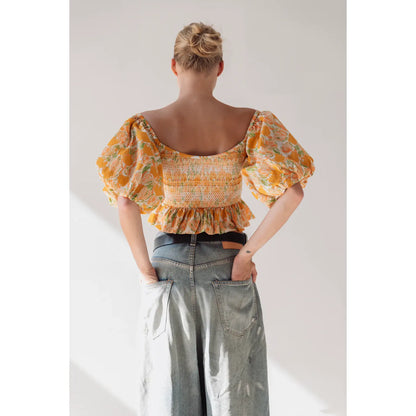 Off Shoulder Ruched Top - Peach Tulips - DUNE + SALT