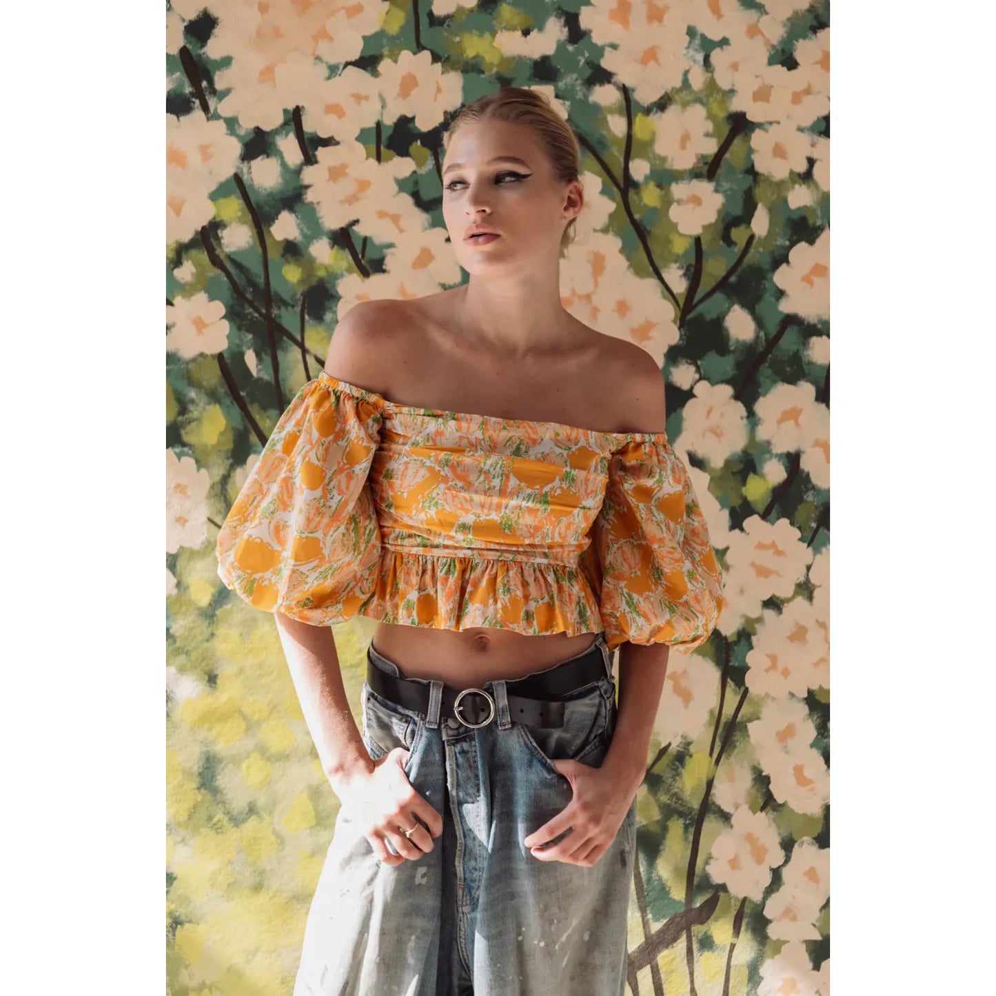 Off Shoulder Ruched Top - Peach Tulips - DUNE + SALT