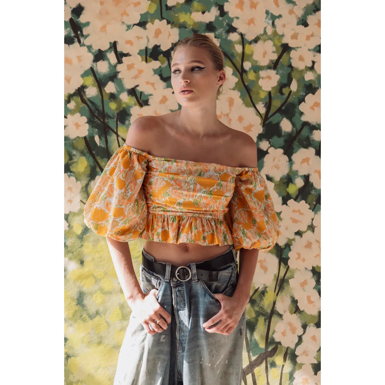 Off Shoulder Ruched Top - Peach Tulips - DUNE + SALT