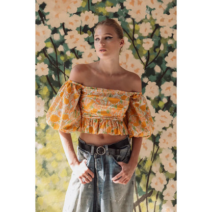Off Shoulder Ruched Top - Peach Tulips - DUNE + SALT