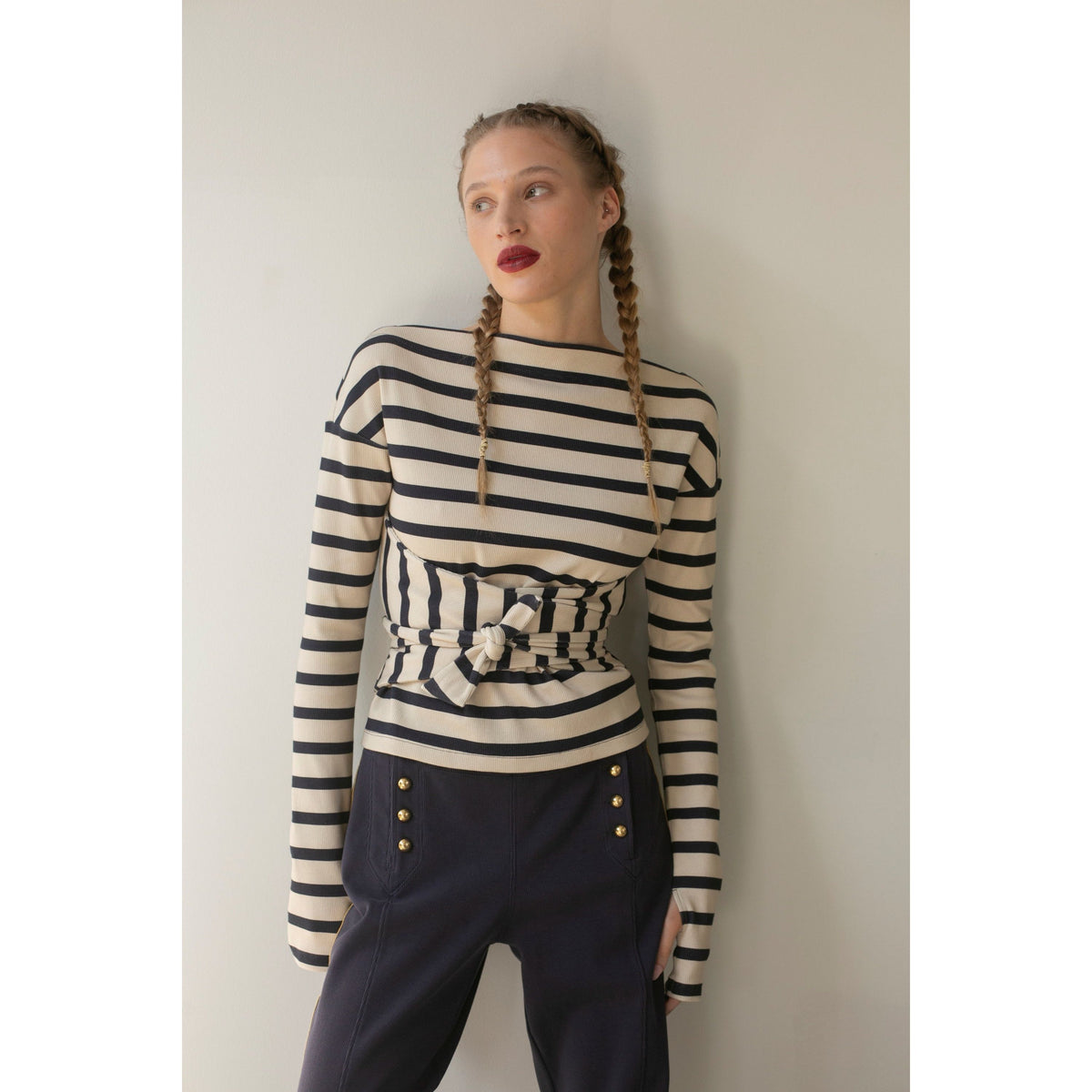 Wrapped Waist Top - Almond Milk Awning Stripes