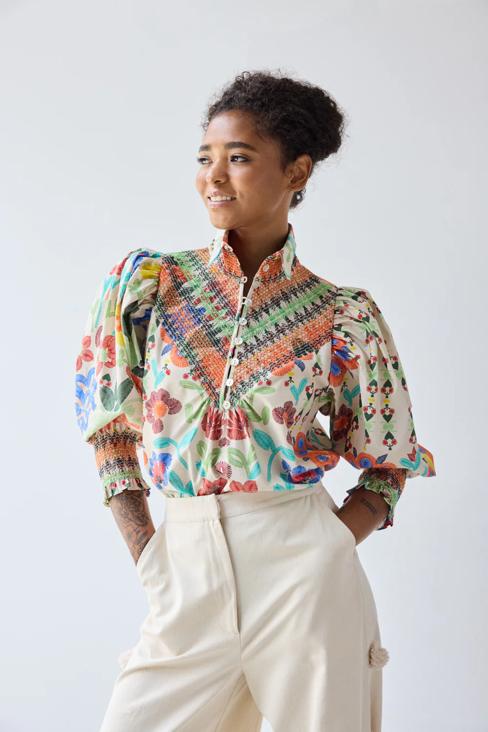 Smocked Shirt - Custard Embroidered Floral