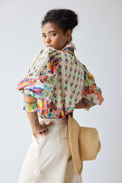 Smocked Shirt - Custard Embroidered Floral