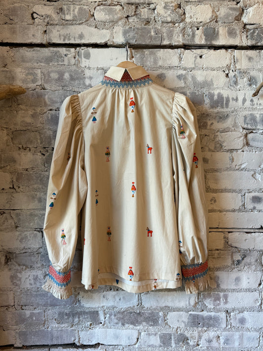 Hope For Flowers Embroidered Smocked Shirt - Vanilla Multi Dim Gray
