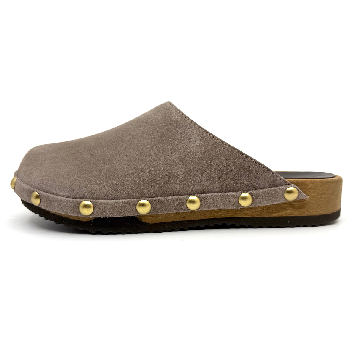 Brown suede clog with gold studs on a white background