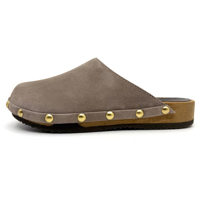 Brown suede clog with gold studs on a white background