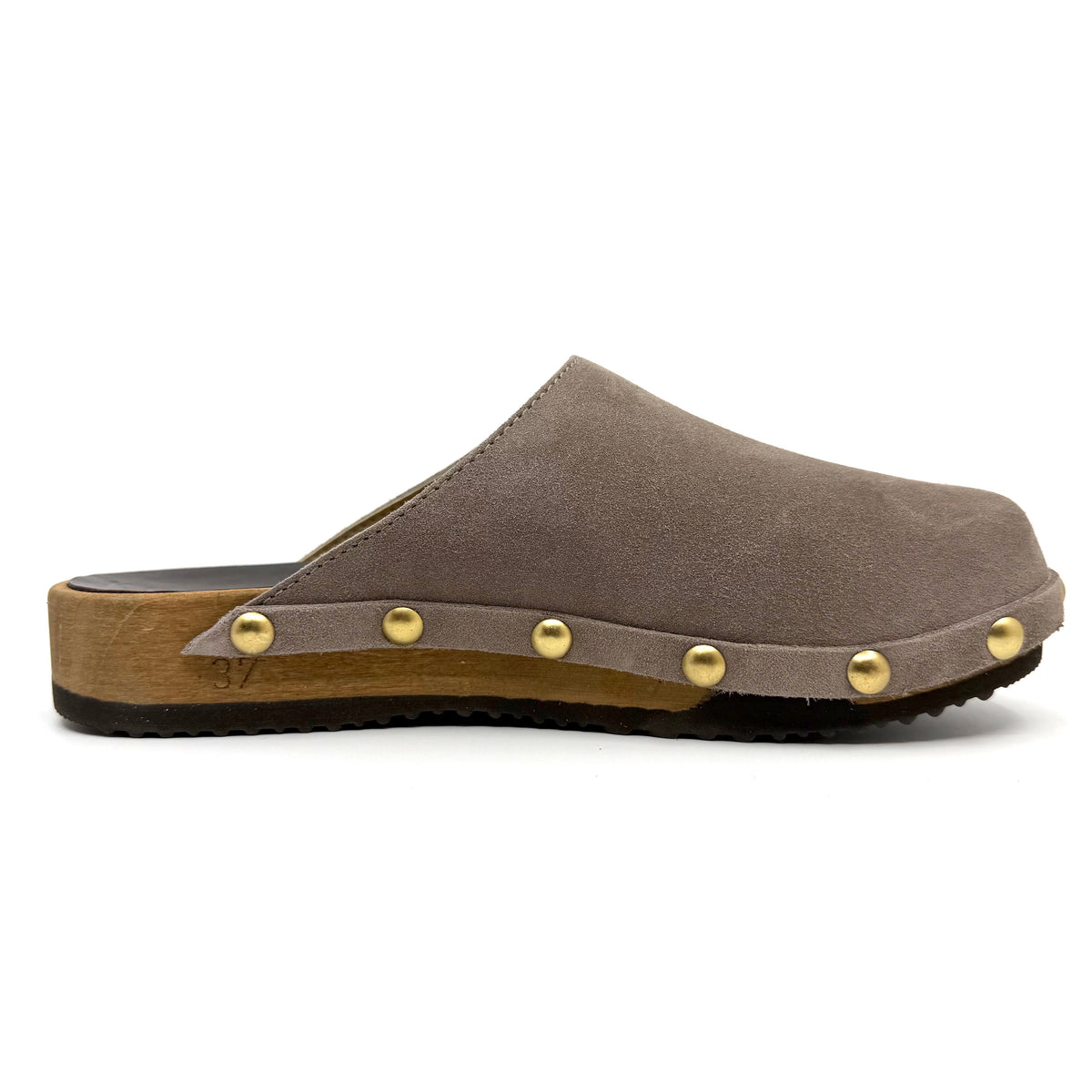 Brown clog shoe with gold studs on a white background