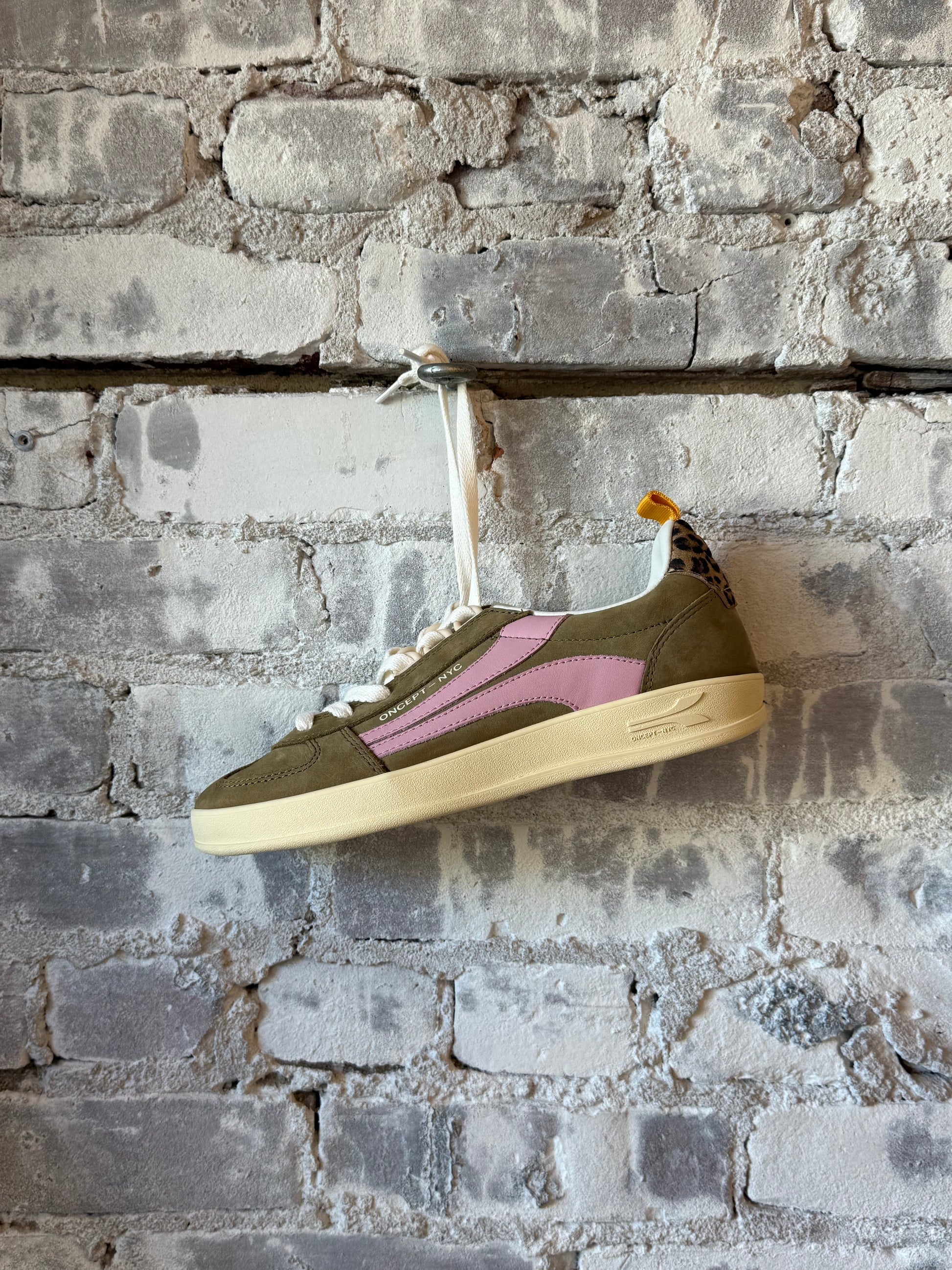 Women's Fez Sneaker by Oncept in khaki, showing a close-up of the stylish casual shoe with laces and a comfortable sole.