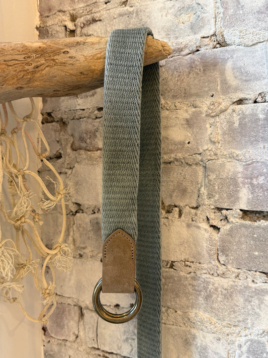 Grey cotton weave O-ring belt with bison tabs from W. Kleinberg, featuring a 1-3/8 inch width, accessories for casual wear.
