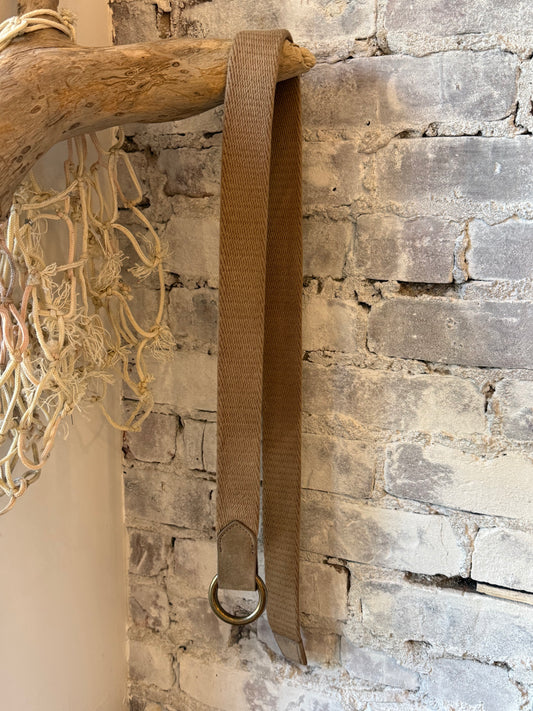Khaki cotton weave O-Ring belt with Bison tabs, W. Kleinberg accessories featuring a durable, stylish design.