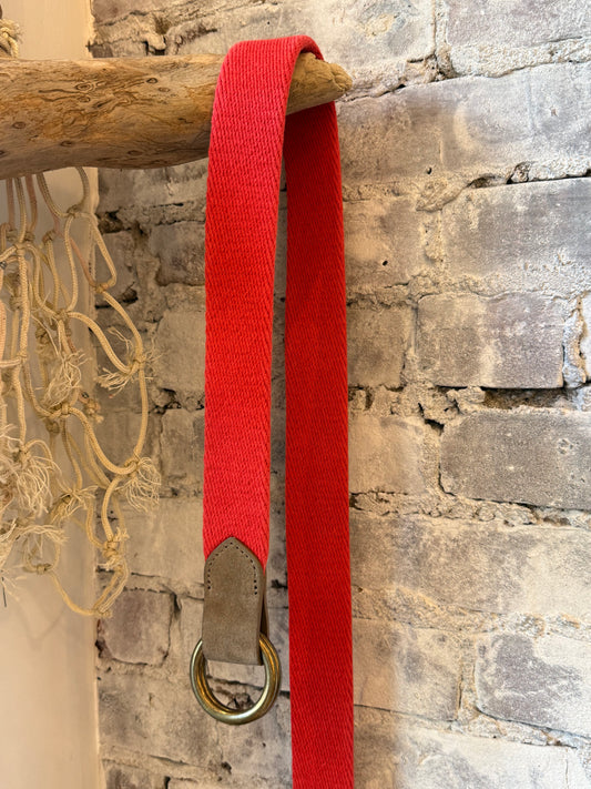 Red cotton weave O-ring belt with bison tab accents, W. Kleinberg accessories, 1-3/8 inch width, stylish and durable design.
