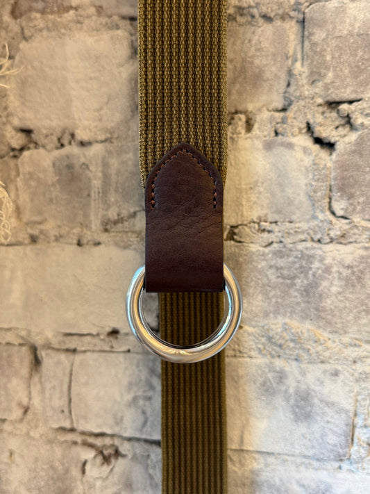 Men's olive woven O-ring belt with striped pattern and Sicily calf tabs by W. Kleinberg, featuring a 1-3/8-inch width.