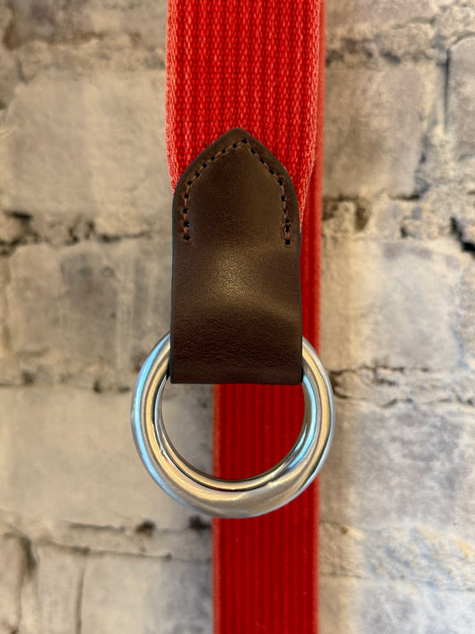 Men's red woven leather belt with striped pattern, 1-3/8-inch width, featuring Sicily calf tabs by W. Kleinberg.