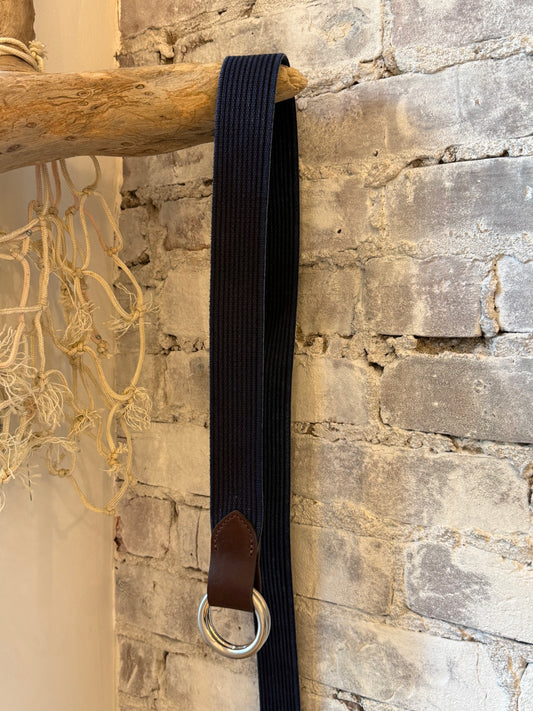 Men's navy striped woven leather belt with O-ring closure and Sicily calf tabs by W. Kleinberg.
