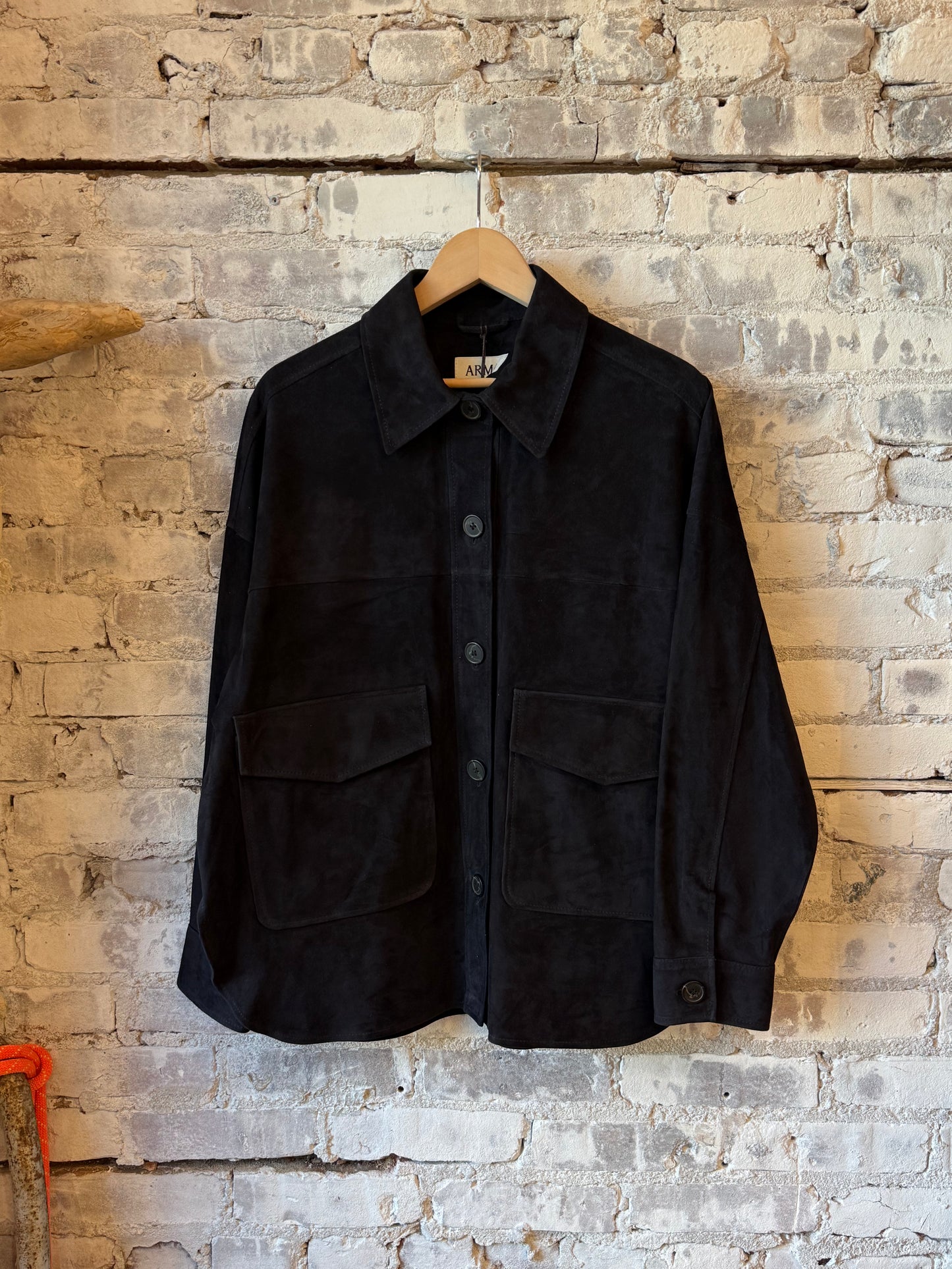 Women's Kaylee Suede Overshirt by ARMA in dark navy, showcasing soft suede fabric and stylish oversized fit.